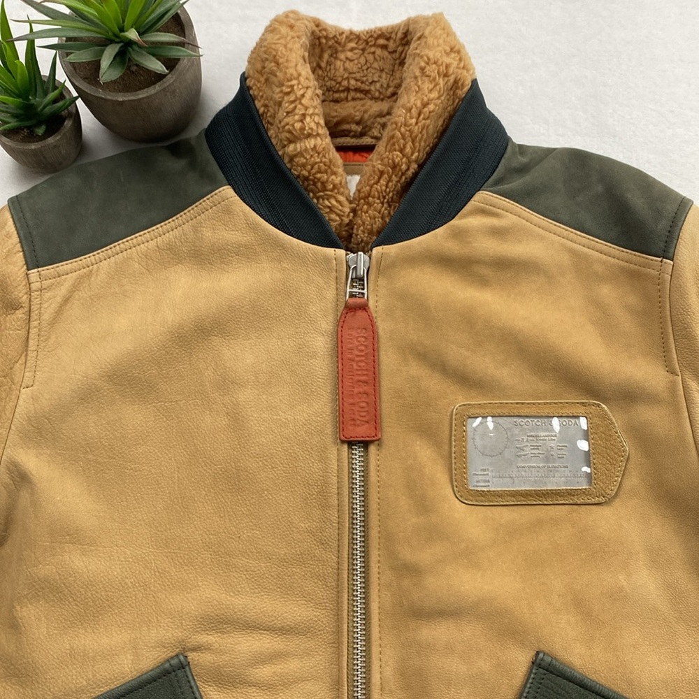 Scotch & Soda Buffalo Leather Removable Faux Shearling Aviator Bomber Jacket - Picture 6 of 16